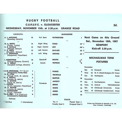 1967/68 Cambridge University v Gloucester (15/11/1967) Rugby Union Programme