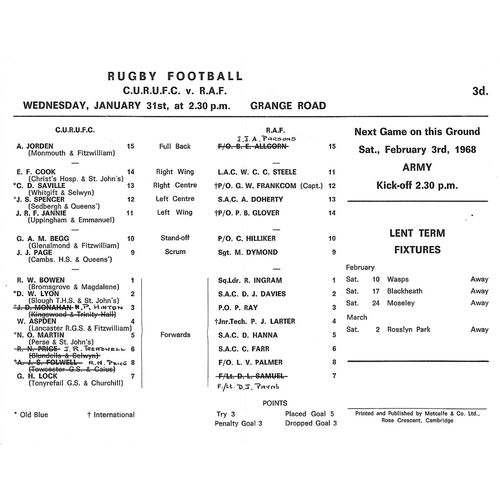 1967/68 Cambridge University v Royal Air Force (31/01/1968) Rugby Union Programme