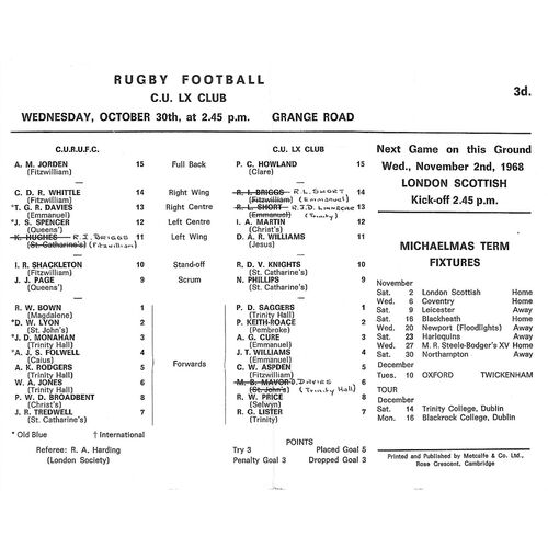 1968/69 Cambridge University v Cambridge University LX Club (30/10/1968) Rugby Union Programme