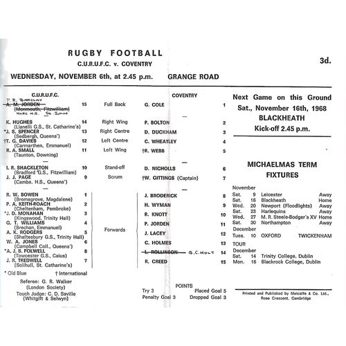 1968/69 Cambridge University v Coventry (06/11/1968) Rugby Union Programme