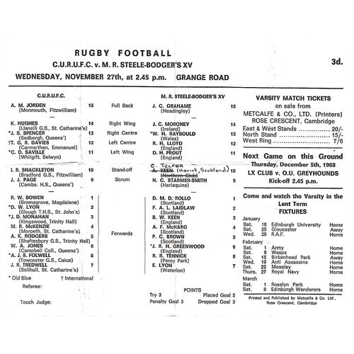 1968/69 Cambridge University v M.R Steele-Bodger's XV (27/11/1968) Rugby Union Programme