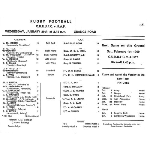 1968/69 Cambridge University v Royal AIr Force (29/01/1969) Rugby Union Programme