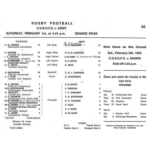 1968/69 Cambridge University v Army (01/02/1969) Rugby Union Programme
