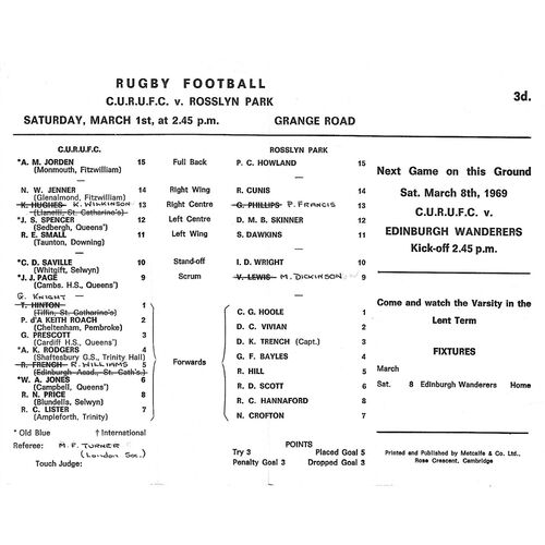 1968/69 Cambridge University v Rosslyn Park (01/03/1969) Rugby Union Programme