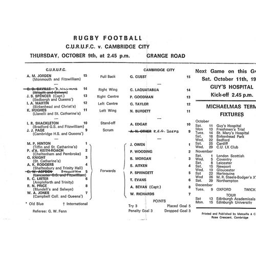 Cambridge Away Rugby Union Programmes