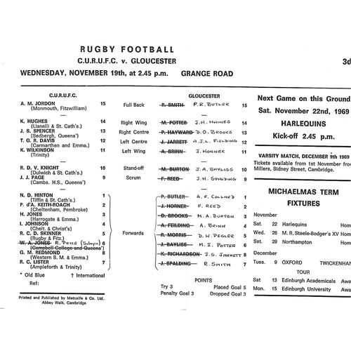 1969/70 Cambridge University v Gloucester (19/11/1969) Rugby Union Programme