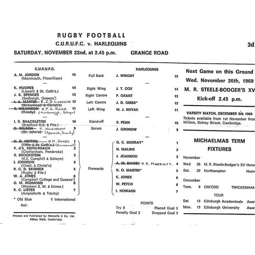 Harlequins Away Rugby Union Programmes