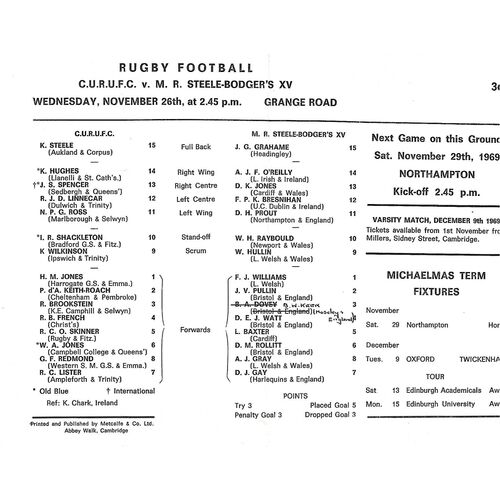 1969/70 Cambridge University v M.R Steele-Bodger's XV (26/11/1969) Rugby Union Programme