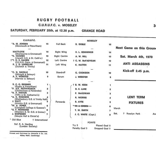 Moseley Away Rugby Union Programmes