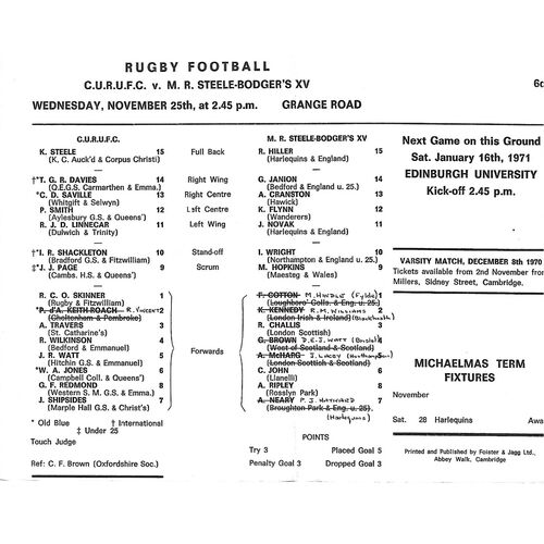 1970/71 Cambridge University v M.R Steele-Bodger's XV (25/11/1970) Rugby Union Programme