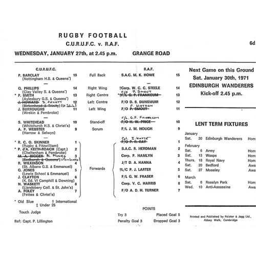 1970/71 Cambridge University v Royal Air Force (27/01/1971) Rugby Union Programme