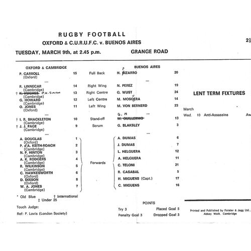 1970/71 Oxford & Cambridge Universites v Univercidad De Buenos Aires Tour Match (09/03/1971) Rugby Union Programme