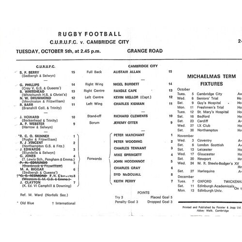 1971/72 Cambridge University v Cambridge City (05/10/1971) Rugby Union Programme