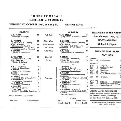 1971/72 Cambridge University v Cambridge University LX Club (27/10/1971) Rugby Union Programme