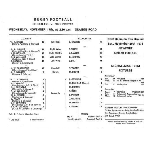 1971/72 Cambridge University v Gloucester (17/11/1971) Rugby Union Programme