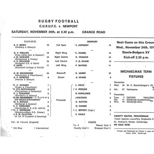 1971/72 Cambridge University v Newport (20/11/1971) Rugby Union Programme