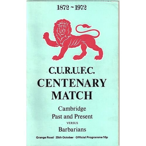 1972/73 Cambridge University (Past & Present) v Babarians (25/10/1972) Centenary Match Rugby Union Programme