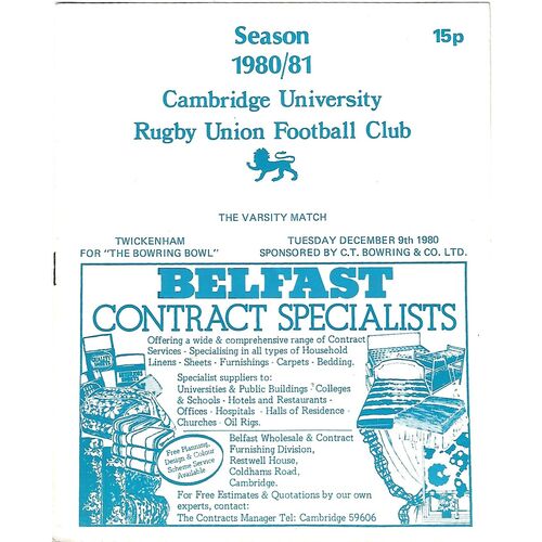 1980/81 Cambridge University v Steele-Bodger's XV (26/11/1980) Rugby Union Programme