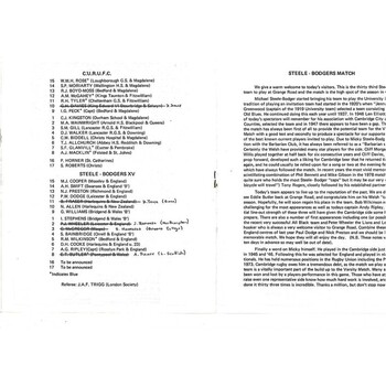 1980/81 Cambridge University v Steele-Bodger's XV (26/11/1980) Rugby Union Programme