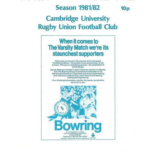 1981/82 Cambridge University v Steele-Bodger's XV (25/11/1981) Rugby Union Programme