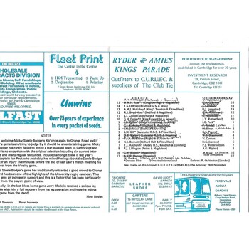 1981/82 Cambridge University v Steele-Bodger's XV (25/11/1981) Rugby Union Programme