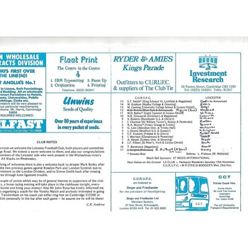 1983/84 Cambridge University v Leicester (12/11/1983) Rugby Union Programme