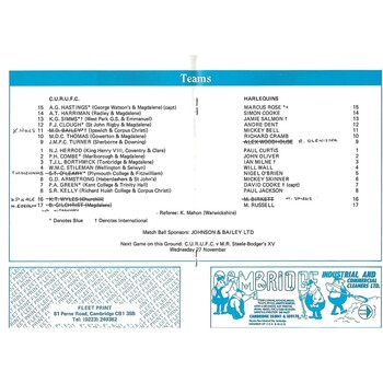 1985/86 Cambridge University v Harlequins (23/11/1985) Rugby Union Programme