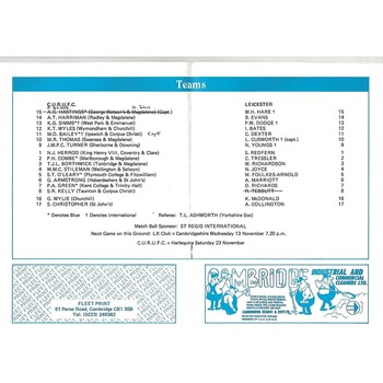 1985/86 Cambridge University v Leicester (09/11/1985) Rugby Union Programme
