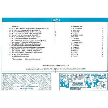1985/86 Cambridge University v Northampton (30/11/1985) Rugby Union Programme