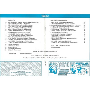 1985/86 Cambridge University v M.R Steele-Bodger's XV (27/11/1985) Rugby Union Programme