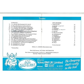 1986/87 Cambridge University v Anti-Assassins (04/03/1987) Rugby Union Programme