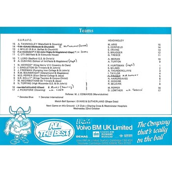 1986/87 Cambridge University v Headingley (18/10/1986) Rugby Union Programme