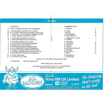 1986/87 Cambridge University v Leicester (12/11/1986) Rugby Union Programme