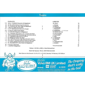 1986/87 Cambridge University v Luddites (11/02/1987) Rugby Union Programme