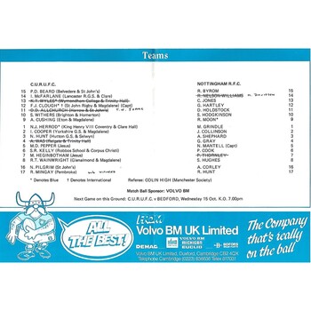 1986/87 Cambridge University v Nottingham (11/10/1986) Rugby Union Programme