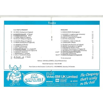 1987/88 Cambridge University (Past & Present) v Penguins (21/10/1987) Rugby Union Programme