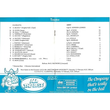 1988/89 Cambridge University v Army (08/02/1989) Rugby Union Programme