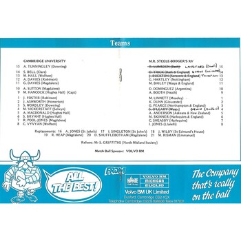 1988/89 Cambridge University v M.R Steele-Bodger's XV (23/11/1988) Rugby Union Programme