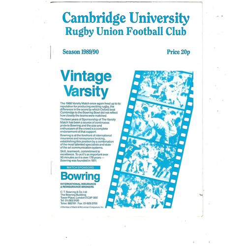1989/90 Cambridge University v Royal AIr Force (24/01/1990) Rugby Union Programme