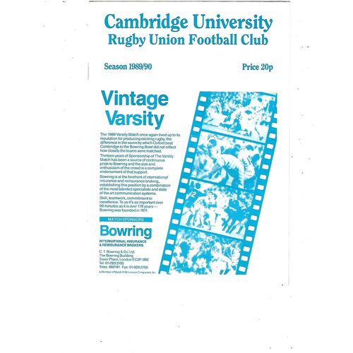 1989/90 Cambridge University v M.R Steele-Bodger's XV (29/11/1989) Rugby Union Programme