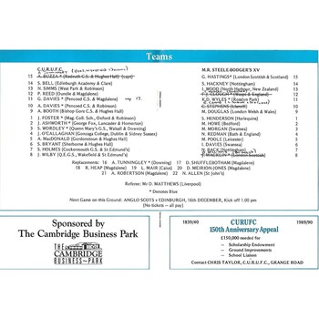 1989/90 Cambridge University v M.R Steele-Bodger's XV (29/11/1989) Rugby Union Programme