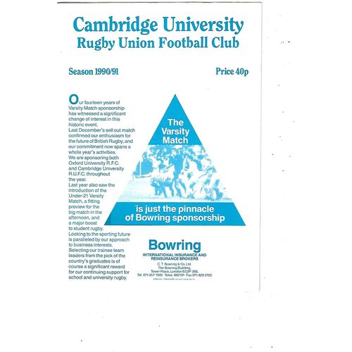 1990/91 Cambridge University v Bradford & Bingley (02/03/1991) Rugby Union Programme