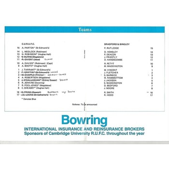 1990/91 Cambridge University v Bradford & Bingley (02/03/1991) Rugby Union Programme