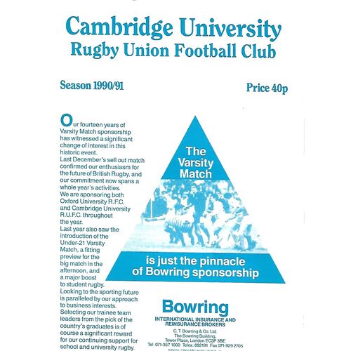 1990/91 Cambridge University v Durham University (19/01/1991) Rugby Union Programme