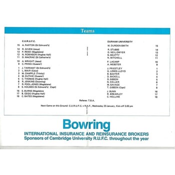 1990/91 Cambridge University v Durham University (19/01/1991) Rugby Union Programme