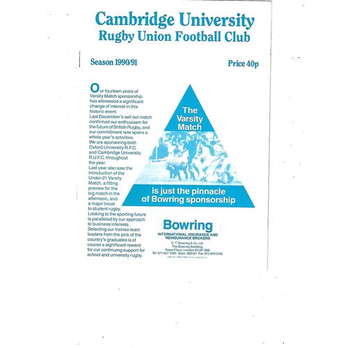 1990/91 Cambridge University v Eastern Counties (27/01/1991) Centenary Game Rugby Union Programme