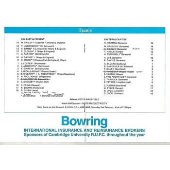 1990/91 Cambridge University v Eastern Counties (27/01/1991) Centenary Game Rugby Union Programme