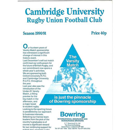 1990/91 Cambridge University v Nottingham (17/11/1990) Rugby Union Programme