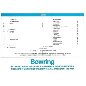1990/91 Cambridge University v Nottingham (17/11/1990) Rugby Union Programme