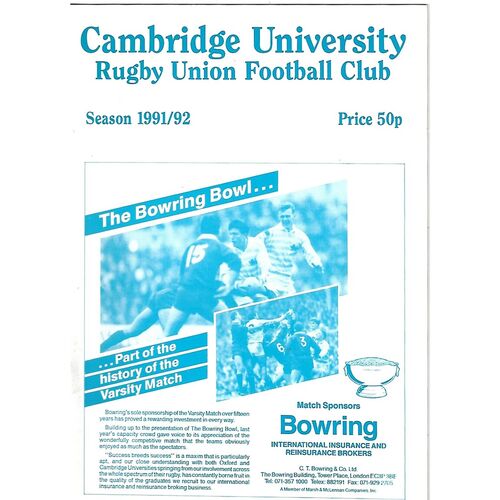1991/92 Cambridge University v Anti-Assasins (04/03/1992) Rugby Union Programme